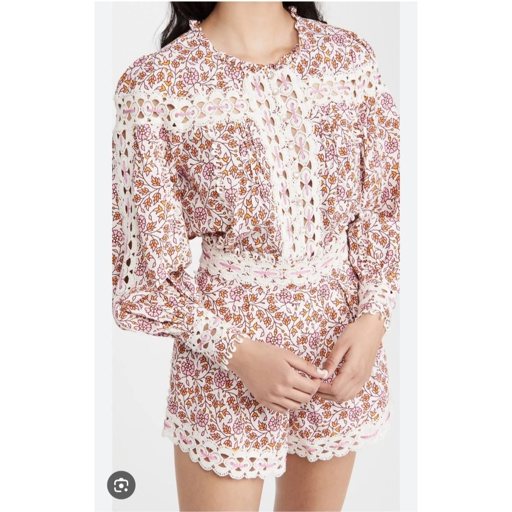 Rahi Antropologie Francoise Ana Top Pink Floral Crochet‎ Lace Ribbon Size L